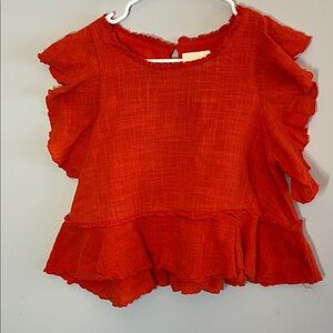 Anthropologie Maeve Boxy Cascade RuffleTop Boho 100% Cotton Red Orange Sz Small